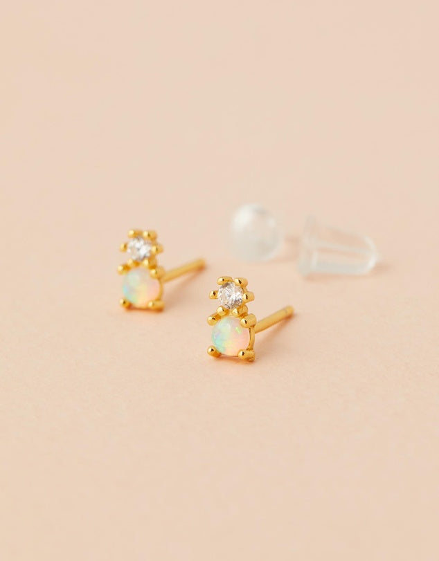 Milly Studs - White Opal flat lay side view close up