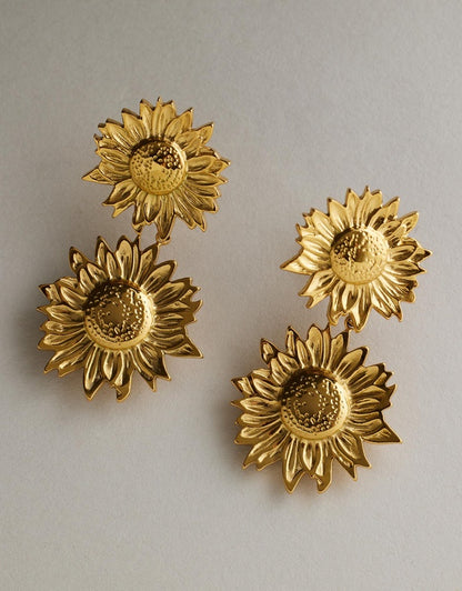 Follow the Sunshine - Sunflower Earrings - Gold close up flat lay