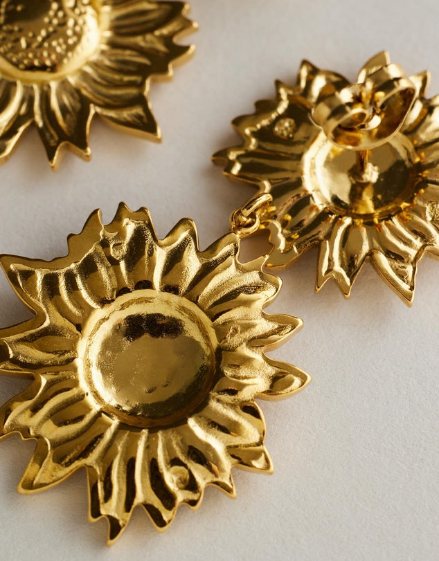 Follow the Sunshine - Sunflower Earrings - Gold close up flat lay