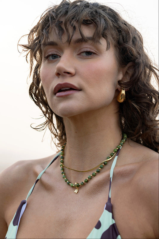 Initial Necklace Green on model 