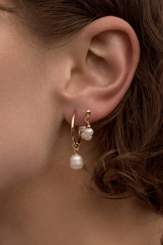 Mickie Pearl Hoop Earrings - Gold on women's ear close up