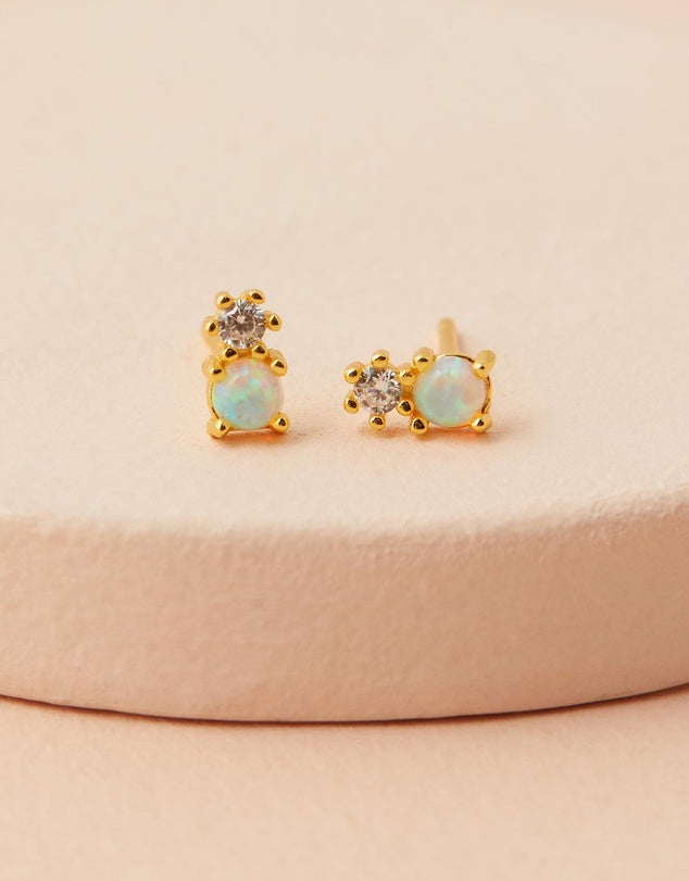 Milly Studs - White Opal flat lay close up