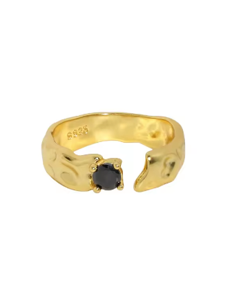 Rylee Onyx Ring Gold plated sterling silver open hoop ring with a textured design and an onyx crystal stone set in the center.