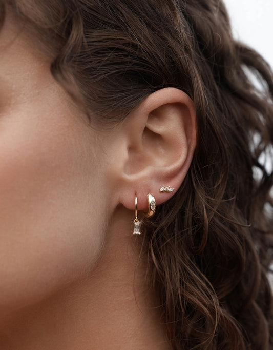 Sabine Gold Diamond Earring Set, close up ear on model