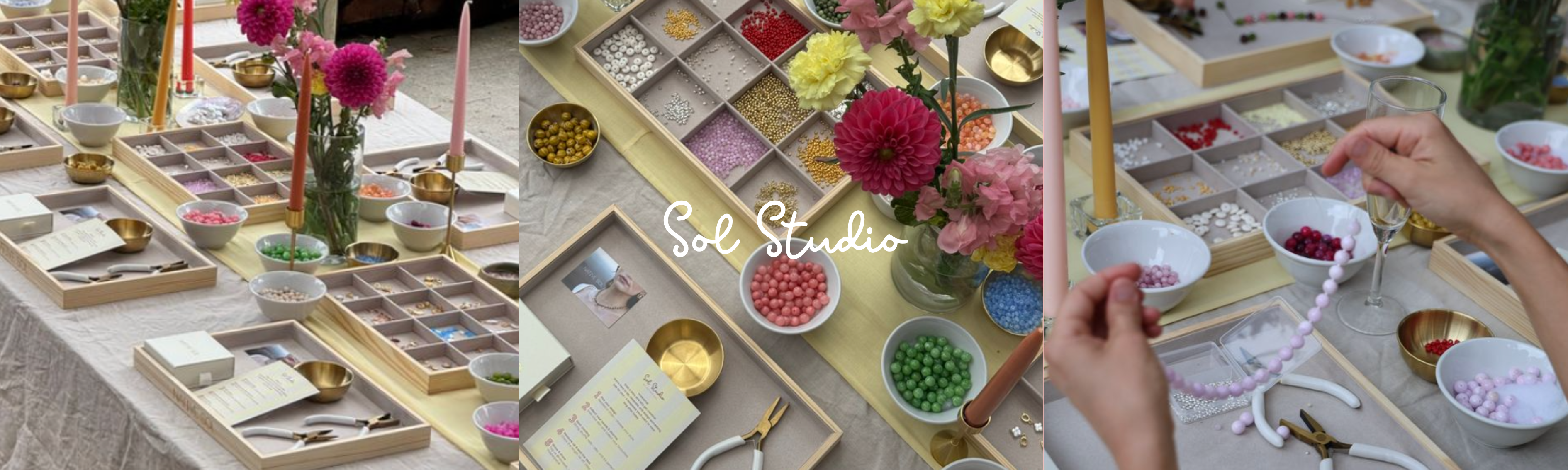 Collage of a jewelry-making setup with materials and tools, featuring 'Sol Studio' branding. jewellery workshop, hens party
