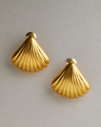 Tanah Shell Earrings - Gold close up front image grey background
