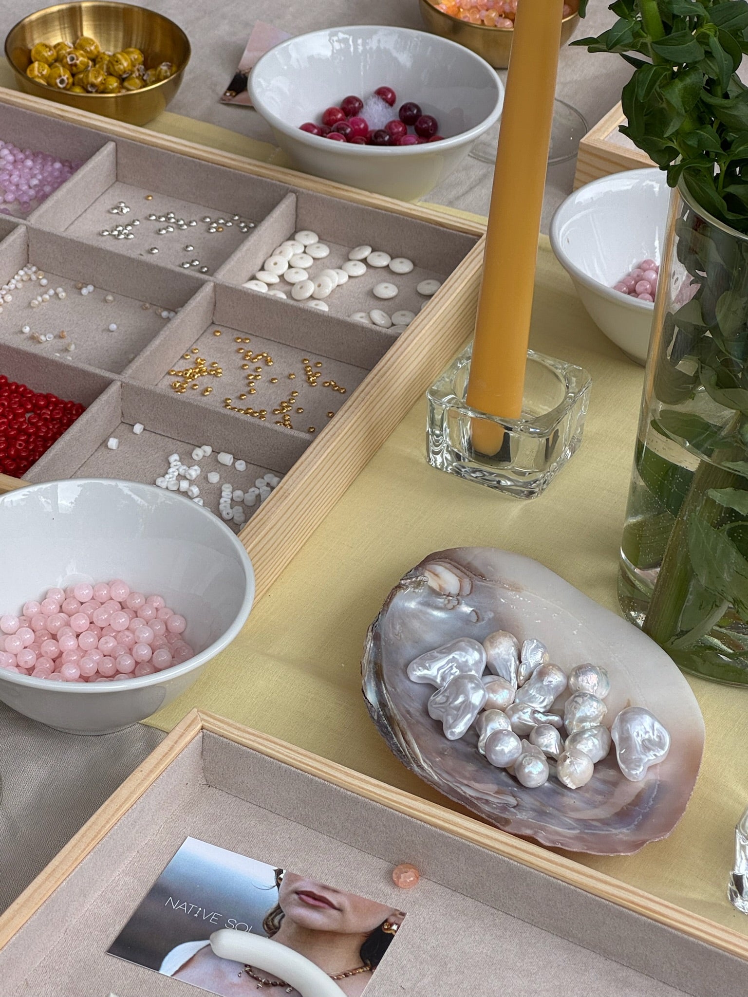 Jewelry display of pearls, gemstones for sol studio necklace making workshop